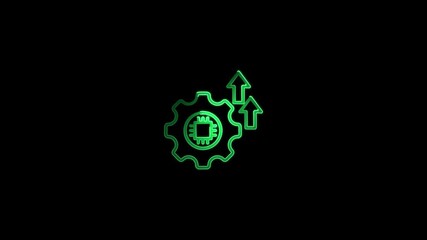 Green neon gear with microchip and arrows on black background technology innovation concept