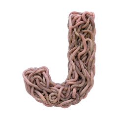 earthworm letter J - large 3d earthworm font isolated on white background. This alphabet is perfect for creative illustrations related to gardening, compost, horror concept. Generative AI