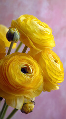 Bright yellow ranunculus flowers in a simple vase with a soft background
