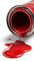 Bright red paint spills from tube on white surface creating a vivid art scene