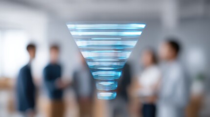 Collaborative Team Engaging Around Holographic Data Funnel in a Modern Office Environment for Innovative Insights and Decision Making