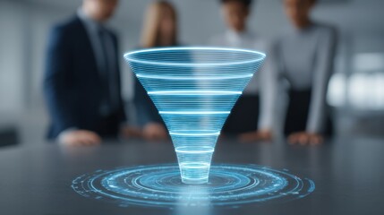 Diverse Team Collaborating with Holographic Data Funnel in Modern Office Environment to Enhance Productivity and Workflow Efficiency