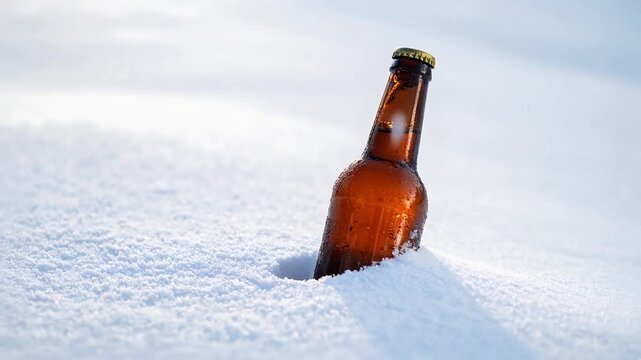 白い雪に埋もれるように立つ瓶が静寂と寒さを伝える構図