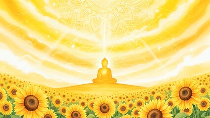 満開のひまわり畑で静かに瞑想する黄金のブッダと神秘的な光