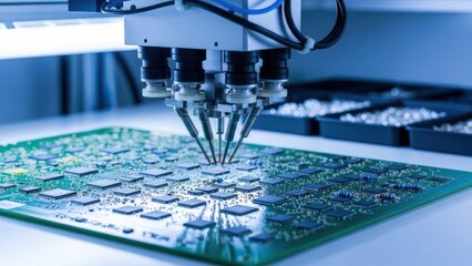 Close-up of robotic arms assembling electronic components on a circuit board in a factory