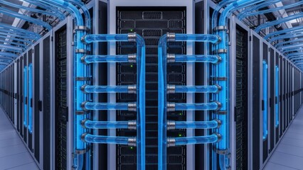 Long shot of rows of server racks in a data center with blue frames