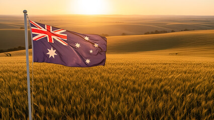 Majestic Australian wheat field at golden hour with flag, symbolizing national pride and heartland beauty. Ideal for Australia Day, ANZAC Day, patriotic campaigns, travel, and agricultural themes.