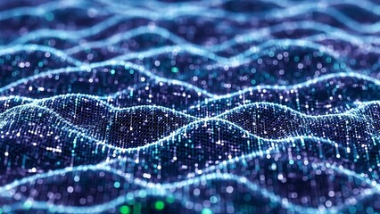 Digital waves of luminous particles creating an abstract pattern of interconnected data points, illustrating a futuristic network