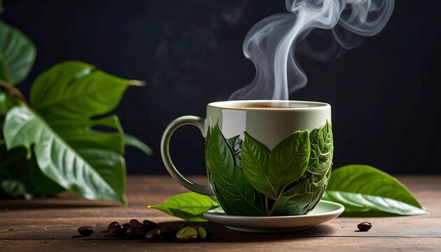 Steaming beverage in a leaf-adorned mug with surrounding greenery