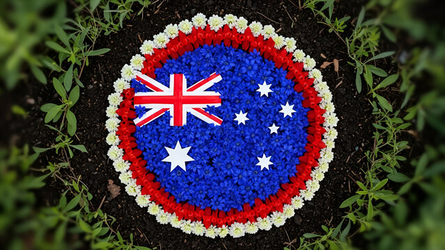 Vibrant hyperrealistic Australian flag floral display with native wildflowers (Sturt's Desert Pea, White Correa, Blue Lechenaultia) on rich soil, perfect for Australia Day, national identity,