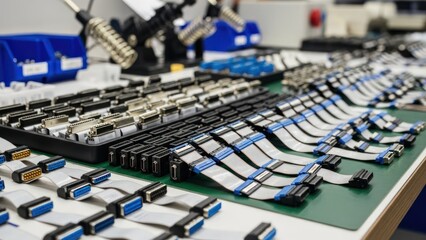 Fototapeta premium Close-up view of various electronic components and wires on a green circuit board in a