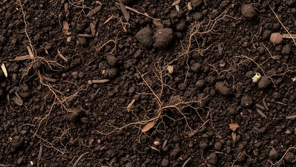 Close-up view of dark soil with intricate root systems visible beneath the surface, showcasing the foundational elements of plant growth and soil structure