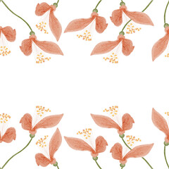 Seamless watercolor floral border, peach blossoms, delicate stems along the bottom edge on white background. Elegant botanical design for wedding stationery, invitations, packaging, textiles and decor