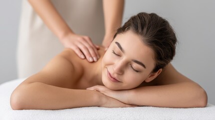 Fototapeta premium Woman Enjoying Relaxing Spa Back Massage in Tranquil Setting, Embracing Holistic Wellness and Peaceful Self-Care Experience