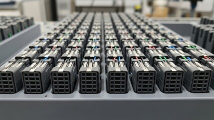 Close-up of a large array of network switches with various colored ports on a gray panel