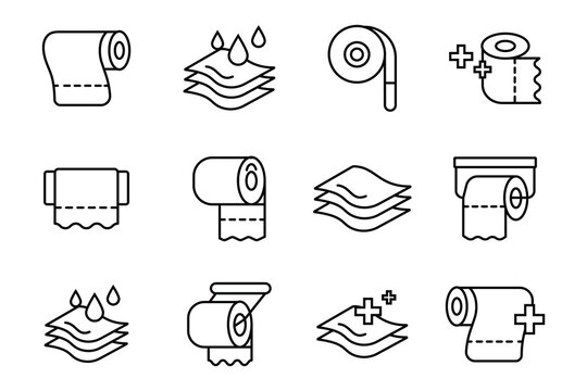 Toilet tissue paper icon. Outline icon of bathroom tissue paper vector. Textile towel, wet and paper napkins vector, public sanitary icons, roll tissue paper  set. Vector illustration.