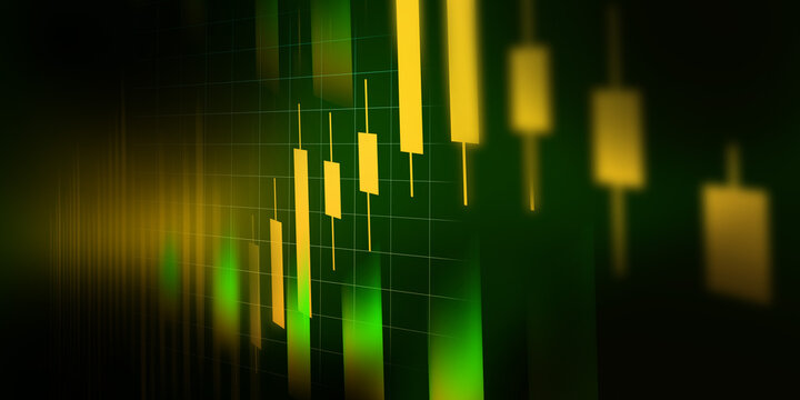 Digital Candlestick Chart with Green and Yellow Glow, Financial Data Concept.