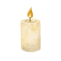 Burning white candle. Hand-painted watercolor clip art isolated on white. Winter and Christmas illustration in warm neutral tones, perfect for holiday cards, cozy decor, invitations, seasonal design