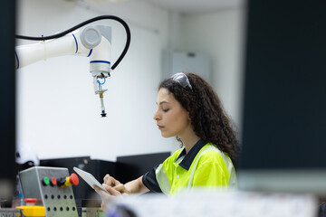Female industrial engineer study inspection control robot arm machine in robotics engineering, Robotic learn operating, programming, troubleshooting quality control demonstrations of robotic arms. AI