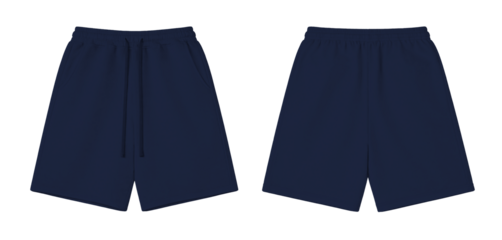Dark Blue Blank Casual Sport Shorts Mockup Front and Back View on Transparent Background