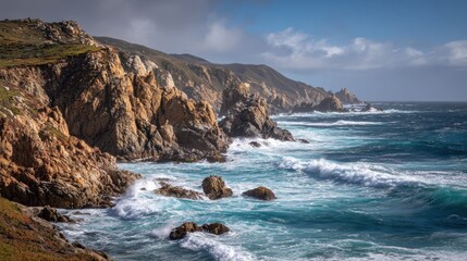 Fototapeta premium Majestic Rocky Coastline with Turquoise Ocean Waves and Dramatic Cliffs Under a Partly Cloudy Sky image