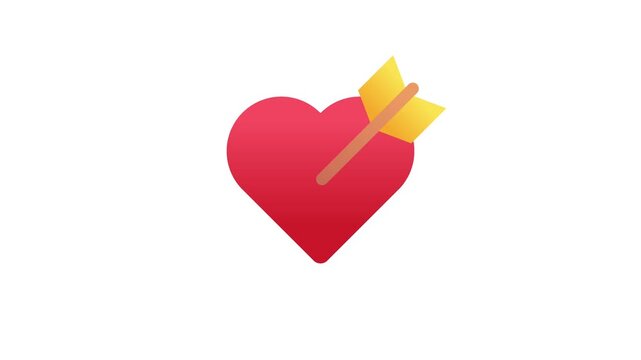 Animated red heart icon being struck by the golden cupid arrow on a clean white background. High quality 2D motion graphic sequence showing flying sharp projectile hitting romantic shape