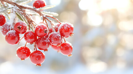 A close-up of frost-covered red berries on a branch, set against a softly blurred winter background, capturing seasonal beauty.