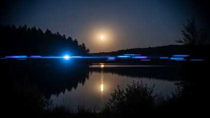 Moonlit Night Scene over Serene Lake Water.
