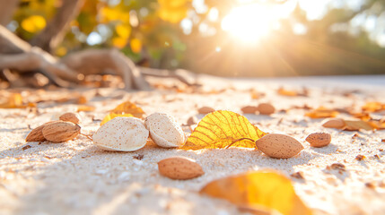 A serene view of autumn leaves and stones scattered on a sandy ground, illuminated by warm, soft sunlight in the background.