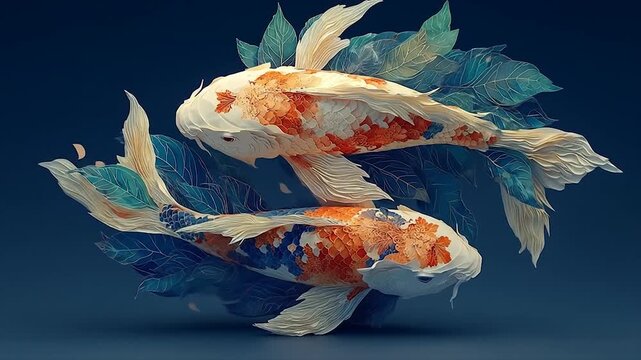 Two ornamental koi fish swimming in dark blue water digital illustration