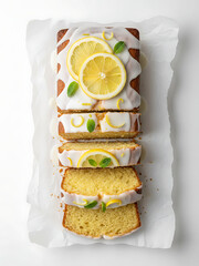 Delicious lemon cake with glaze, fresh fruit slices and mint isolated on white, top view, Food / Bakery / Desserts