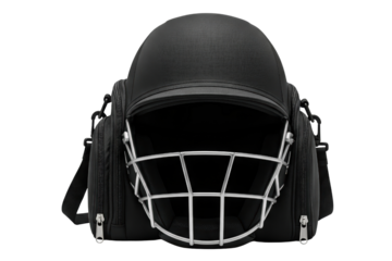 Black protective sports helmet with silver metal face guard isolated on a transparent background