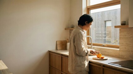 Man slicing orange in sunlit kitchen while reading digital reminders on smart window interface reflecting daily routines