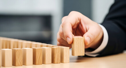 Hand placing wooden block in a row of blocks on desk person male