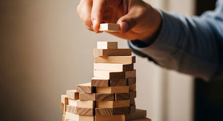 Hand placing wooden block on unstable tower of blocks building