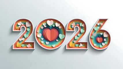Vibrant 2026 typography with colorful hearts and rainbow design