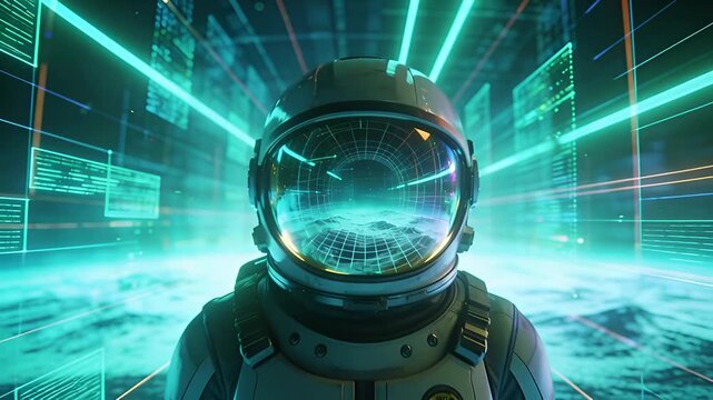 Astronaut Exploring Digital Metaverse with Neon Lights and Futuristic Grid Landscape.