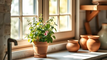 lovage. A potted lovage plant on a sunny windowsill in a rustic kitchen, warm and inviting atmosphere. gardening catalogs, home-decor guides, designed for home decor and floral branding.