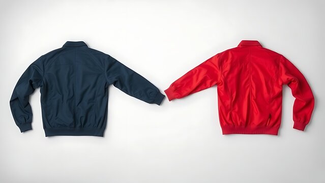 reversible. A reversible jacket lying on a plain surface, one side blue and the other red. lifestyle magazines, social media lookbooks, designed for lifestyle magazines and social media content.