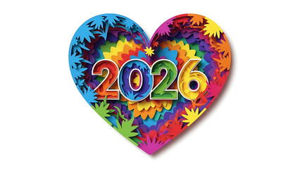 Vibrant heart shaped 2026 design with colorful leaves and rainbow hues