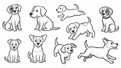 様々なポーズをとる子犬たちの白黒イラスト集、愛らしい表情と動きが描かれています。.