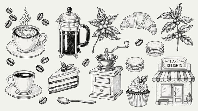 A collection of hand-drawn coffee and pastry illustrations including cups, beans, a French press, grinder, cake, and cafe.