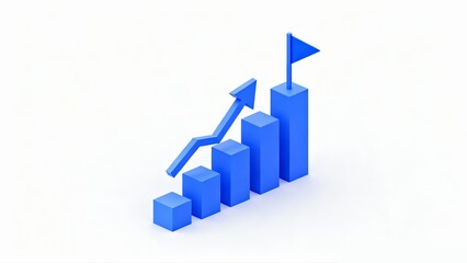Business Growth Icon | Minimalist 3D Isometric Art of Ascending Analytics Chart & Success Flag