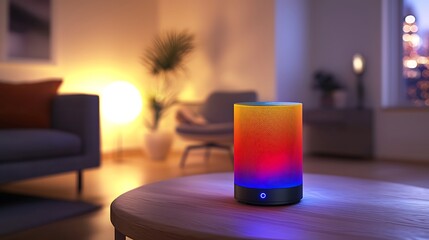 Modern smart speaker with glowing multi-color LED light on a wooden table in a blurred home interior.