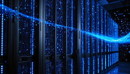 Data center server rack with floating abstract blue data particles