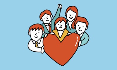 大きなハートを囲むチームのイラスト