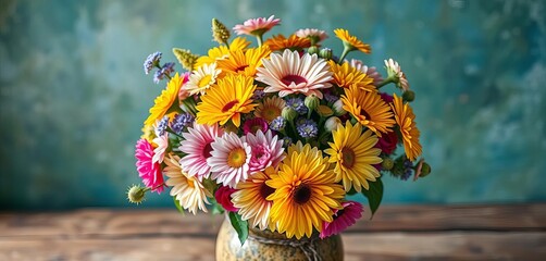 Vibrant bouquet of assorted flowers in a rustic vase, bloom, purple