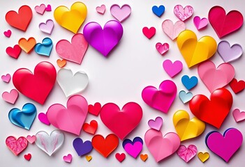 Abstract heart shapes, various colors and styles, geometric and organic forms,  orange,  white