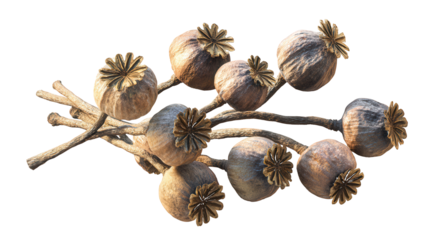 Dried Opium Poppy Pods Cluster isolated on a transparent background