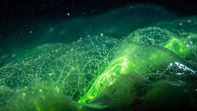Glowing green bioluminescent substance with a complex weblike structure.